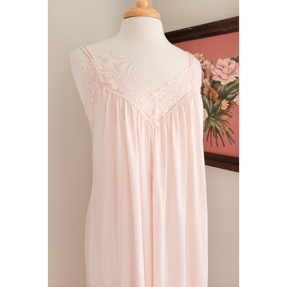 70s Pale Pink Floral Lace V Neck Split Strap Vintage Neutral Maxi Nightgown - Picture 6 of 16